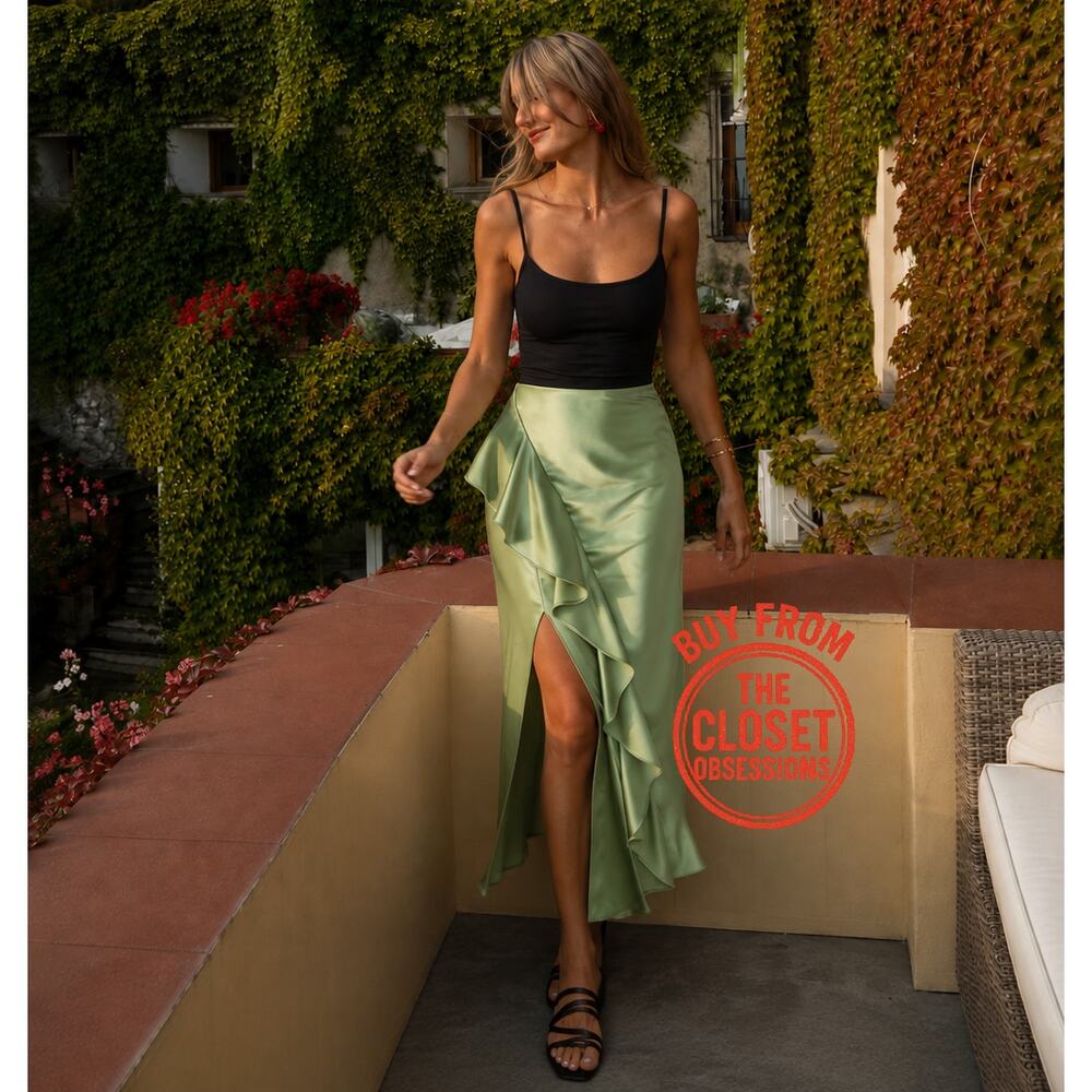 Zara NWT Mint Green Satin Ruffle Front Slit High Waist Midi Skirt M - Picture 7 of 16